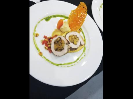 Drunken Plantain Stuffed Pork Roulade with a Dragon & Coffee Sweet Potato Puree and a Rosted Corn Salsa. 
