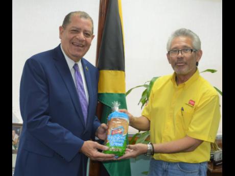 Minister of Industry, Commerce, Agriculture and Fisheries Audley Shaw (left) and Chairman, Consolidated Bakeries Jamaica Limited (Purity) Vincent J. Chang show a loaf of reduced-gluten cassava bread made by the bakery. The occasion was  a courtesy call at the ministry’s New Kingston offices on Thursday. The meeting was to discuss the company’s new line of reduced gluten and no-gluten products made from cassava flour, to the market.
