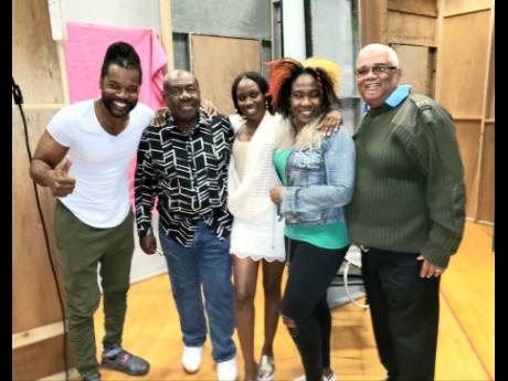 Credit: Dave Rodney The cast of ‘56 East Avenue’ backstage at the East Orange performance. From left: Dennis Titus, Oliver Samuels, Lakeisha Ellison, Audrey Reid, and Volier Johnson.