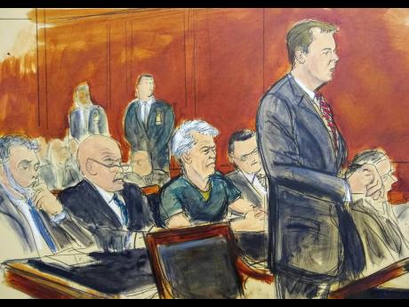 In this courtroom artist’s sketch, defendant Jeffrey Epstein (third left) listens as Assistant US Attorney Alex Rossmiller (right) addresses the court during Epstein’s arraignment on Monday, July 8, in New York. Epstein pleaded not guilty to federal sex-trafficking charges. The 66-year-old is accused of creating and maintaining a network that allowed him to sexually exploit and abuse dozens of underage girls from 2002 to 2005. 
