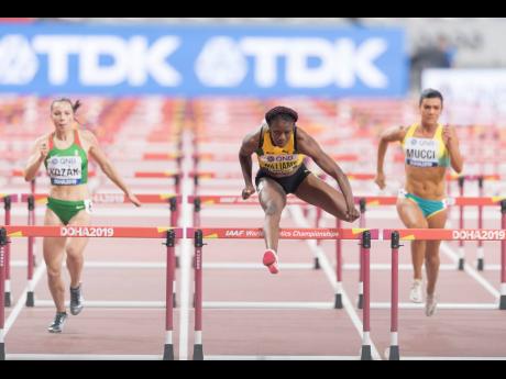 Credit: Gladstone Taylor Jamaica’s Danielle Williams (centre) competes in the women’s 100m hurdles event at the 2019 IAAF World Athletic Championships at the Khalifa International Stadium in Doha, Qatar on Saturday October 5, 2019.
