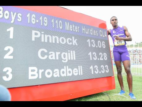 Wayne Pinnock of Kingston College celebrates his record breaking win in the Class  One boys 110m hurdles final at last year’s ISSA/GraceKennedy Boys and Girls’ Championships.