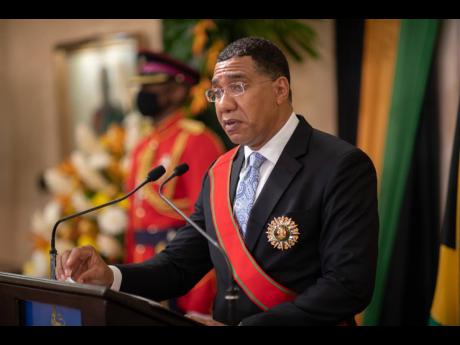 Prime Minister Andrew Holness speaking  at the swearing-in ceremony, held at King’s House on Monday, September 7.