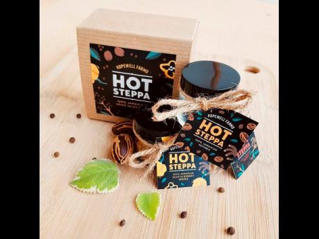 Here comes the Hot Steppa line of products: spice selection, Scotch bonnet pepper, pimento and nutmeg. 