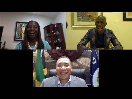 Sandra Lindsay (top left), was surprised during her Zoom interview with Deiwght Peters, when Prime Minister Andrew Holness made a guest appearance. 