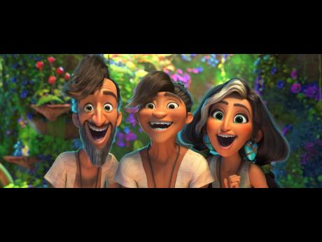 From left: Phil Betterman (Peter Dinklage), Guy (Ryan Reynolds) and Hope Betterman (Leslie Mann) in a scene from DreamWorks Animation’s ‘The Croods: A New Age’, directed by Joel Crawford. The movie was released at Thanksgiving 2020. 