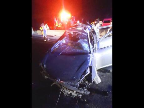 Credit: Contributed A photo of the wrecked Toyota Wish motor car in which three persons perished on the Portmore toll highway on Sunday.