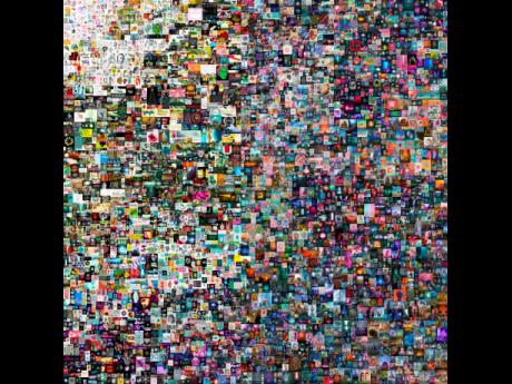 This undated photo released by Christie’s on Thursday, March 11, 2021 shows a digital collage titled ‘Everydays: The First 5,000 Days’, by an artist named Beeple. Christie’s says it has auctioned off a digital collage by an artist named Beeple, who