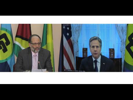 US Secretary of State Anthony Blinkin (right) and CARICOM Secretary General Ambassador Irwin Laroque at a virtual meeting with CARICOM representatives on April 21.