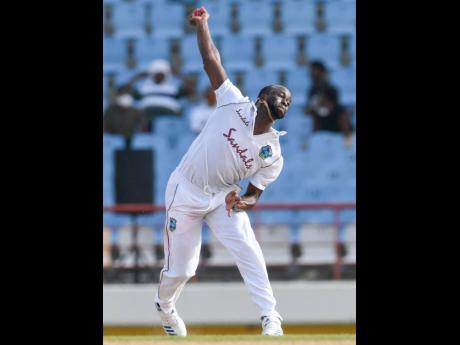 West Indies bowler Kemar Roach in action against South Africa on day three of their second Test match, being played at the Daren Sammy National Stadium in St Lucia yesterday.