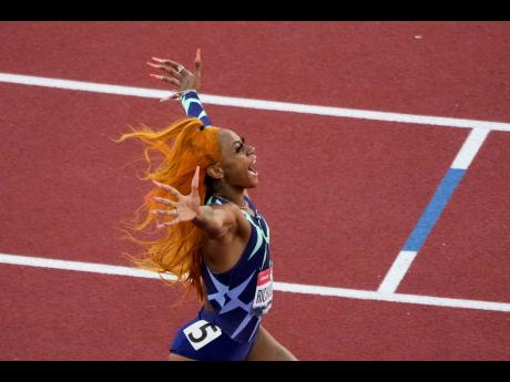 American sprinter Sha’Carri Richardson celebrates after winning the women’s 100m at the US Olympic Track and Field Trials in Eugune, Oregon, on Saturday, June 19. Richardson has since failed a drug test and the result of the race has been disqualified.