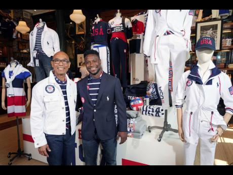 Olympic medallists in fencing, Peter Westbrook (left) and Daryl Homer, model the Team USA Tokyo Olympic opening ceremony uniforms at the Ralph Lauren SoHo store in New York yesterday.