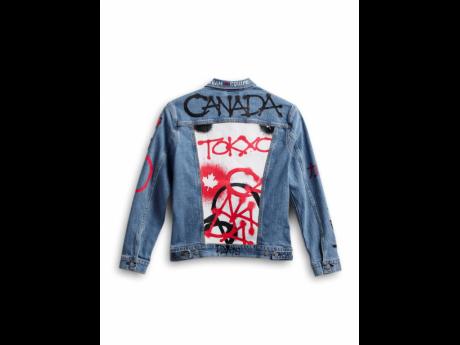 Left: This image provided by Hudson’s Bay shows Team Canada’s denim jacket to be worn by athletes in the closing ceremony of the Tokyo Olympics.