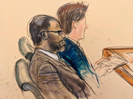 In this courtroom artist’s sketch made from a video screen monitor of a Brooklyn courtroom, defendant R Kelly (left), listens during the opening day of his trial. The prosecutor described sex abuse claims against Kelly, saying the long-anticipated trial 