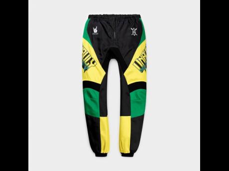 Biker pants from the Daily Paper X Unruly collaboration that blend elements of Jamaican bike culture.