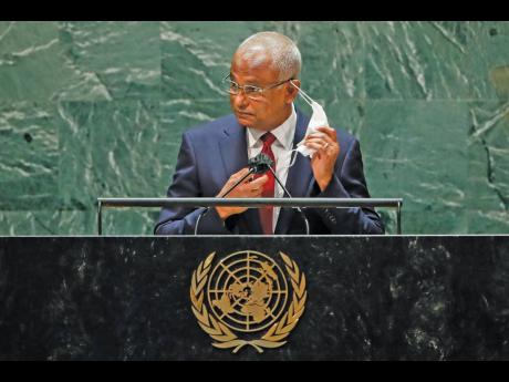 Maldives President Ibrahim Mohamed Solih takes off his mask to address the 76th session of the United Nations General Assembly at the UN headquarters in New York on Tuesday, September 21. 