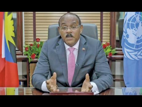 In this image from video provided by the United Nations, Prime  Minister Gaston Browne of Antigua and Barbuda, remotely addresses the 76th session of the United Nations General Assembly in a pre-recorded message on Saturday, September 25, at the UN headqua