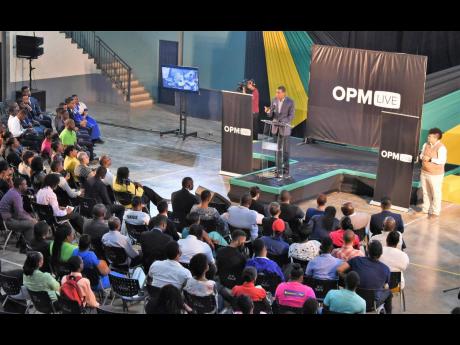 
In this 2017 file photo, Prime Minister Andrew Holness addresses persons attending ‘OPM-Live’ mini town hall meeting at Jamaica College in St Andrew. The debate around NIDS, which included issues such as biometrics, data security and privacy, was fund