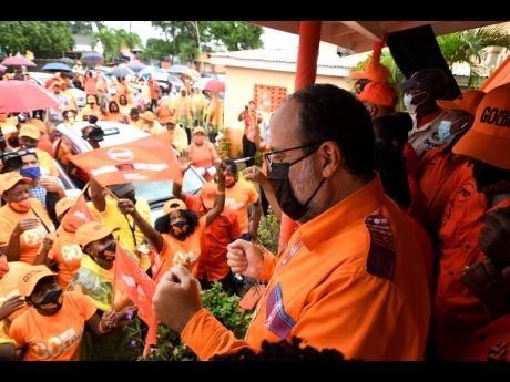 Eventual winner of the People’s National Party’s leadership race last year, Mark Golding, addressing his supporters on nomination day.