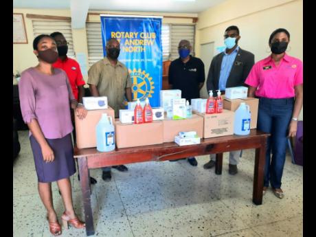 The Rotary Club of St Andrew North recently presented items to assist the Chetolah Mel Nathan Education Centre, Hannah Town, in preparing for the reopening of face-to-face classes. Among the items were sanitisers, alcohol, liquid soap, face masks and therm