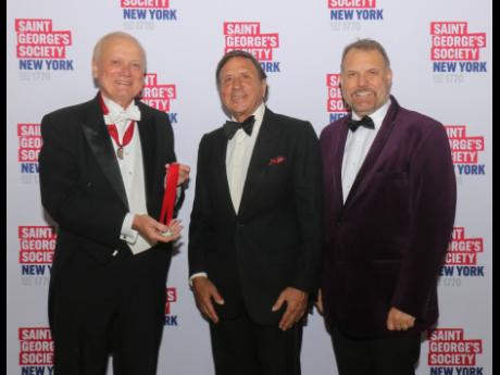 Credit: Ashley Anguin From L- Frank Morgan, President of Saint George’s Society, Sir Rocco Forte who received the Medal of Honour and Paul Gauger, Senior Vice President of Visit Britain, at The Pierre, A Taj Hotel in New York.