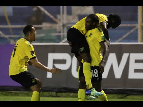 Credit: AP
Jamaica’s Michail Antonio (right) is congratulated by teammates after scoring his side’s first international goal, against El Salvador, during their 1-1 draw in a qualifying match for the FIFA World Cup Qatar 2022 at Cuscatlan stadium in San Salvador,