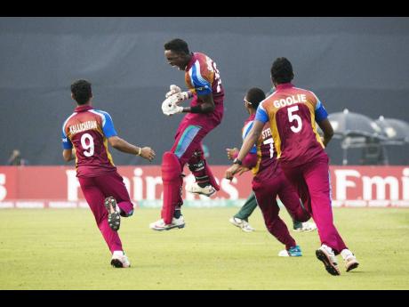 West Indies Under 19 player Shamar Springer (second left) celebrates with team-mates after helping his team to a win over Bangladesh in the ICC Under-19 World Cup at the Sher-e-Bangla National Cricket Stadium in Mirpur.