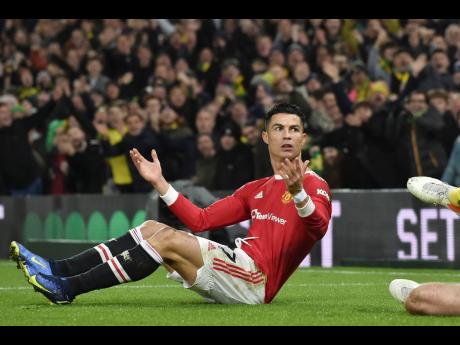 Manchester United's Cristiano Ronaldo during their English Premier League match against Norwich City at Carrow road in Norwich, England on Saturday.