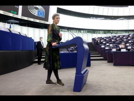 European Commissioner for A Europe Fit for the Digital Age, Margrethe Vestager, delivers her speech during a debate on the Digital Markets Act at the European Parliament in Strasbourg, eastern France, on Tuesday, December 14.