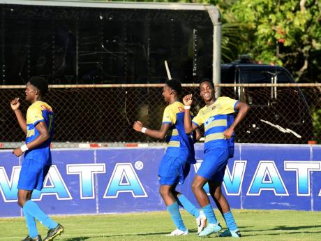 St Elizabeth Technical High (STETHS) players perform a celebration dance after the team scored their second goal against Vere Technical during an ISSA Ben Francis KO Cup quarter-final match at the STETHS Sports Complex on January 13. STETHS won 2-0 and wil