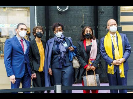 From left: Ugur Sahin, BioNTech founder; his wife Ozlem Tureci, co-founder and chief medical officer of BioNTech; Louise Mushikiwabo, politician of the Rwandan Patriotic Front and Secretary General of the Organization of La Francophonie; Senait Fisseha of 