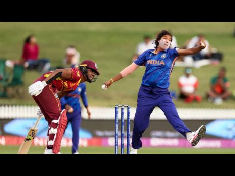 
Jhulan Goswami of India bowls during the 2022 ICC Women’s Cricket World Cup match between West Indies and India at Seddon Park in Hamilton, New Zealand yesterday.