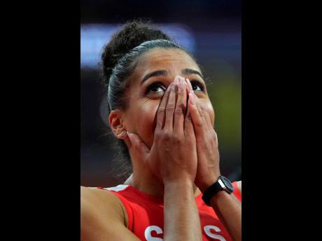 Mujinga Kambundji, of Switzerland, reacts after winning the women’s 60 metres final at the World Athletics Indoor Championships in Belgrade, Serbia yesterday.