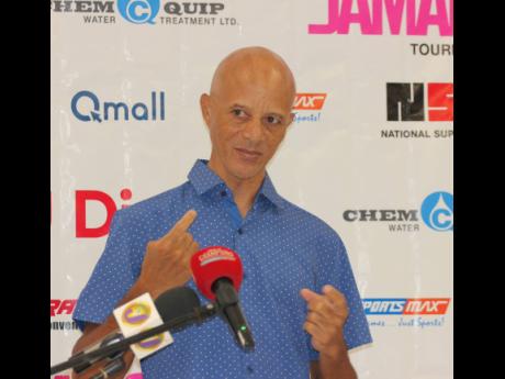 Credit: Lennox Aldred Race director Carlton Simmonds addresses the media and sponsors at yesterday’s launch of the Jamaica International Cycling Classic at the Old Hope Road, St Andrew branch of Toyota Jamaica.
