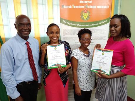 
From left: Dudley McLean II, Delphine Williams-Young, Nickesha Gaynor – Elliott and Stacy Ann Gunter. Absent, Monique Castle at the virtual presentation of the Moods! World’s Poetry Day certificate to The Gleaner.
