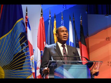 Finance Minister Dr Nigel Clarke addressing the opening session of the 2022 annual meeting of the Inter-American Development Bank, IDB, and the IDB Investment Corporation, IDB Invest, after being elected chairman of the bank’s and IDB Invest’s board of