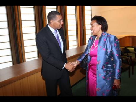 Prime Minister Holness with Secretary General of the Commonwealth Patricia Scotland