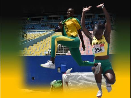 Jamaica's Serena Cole (right) takes off ahead of landing the winning mark in the Girls' Under-20 long jump at the 49th Carifta Games inside the National Stadium, while teammate Kay-Lagay Clarke celebrates her bronze medal during today's first session.