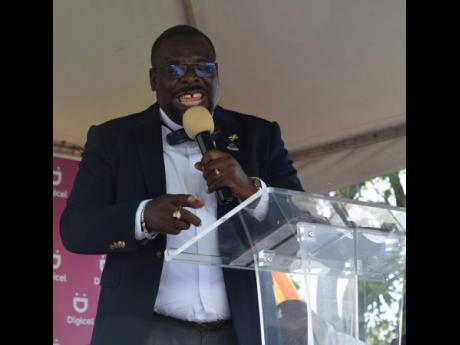 Custos Hartley Perrin delivers his address during the launch of free public Wi-Fi in Savanna-la-Mar, Westmoreland, on Friday, April 29.