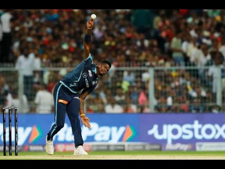 Alzarri Joseph bowling for the Gujarat Titans in the Indian Premier League qualifier against Rajasthan Royals at Eden Gardens in Kolkata on Tuesday.