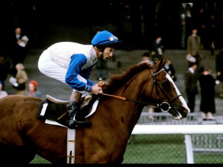 British jockey Lester Piggott aboard Free Guest, at Newbury, England, on October 26, 1985.
