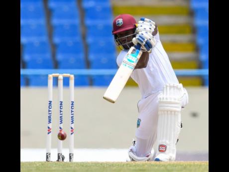 West Indies batsman Jermaine Blackwood  on the go during yesterday’s second day of the first Test  between Bangladesh and West Indies at Sir Vivian Richards Cricket Stadium in North Sound, Antigua and Barbuda.