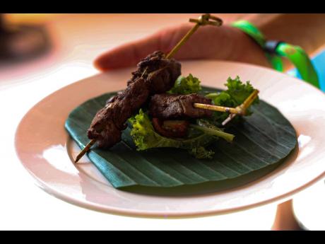 Credit: Stephanie Lyew An up-close view of the skewered barbecue beef and kale salad served at the Cocktails and Cuisine Seminar during the Jamaica Rum Festival held at The Aqueduct in Rose Hall, Montego Bay.