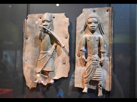 Benin bronzes objects are displayed at the Linden Museum in Stuttgart, Germany.