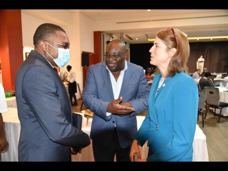Credit: Photo by Herbert McKenis Robert Morgan (left), the de facto minister of information, chats with Madeleine Noland (right), president of the Advanced Television Systems Committee, and Cordell Green, executive director of the Broadcasting Commission, during the opening session of the
