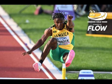 Jamaica's Wayne Pinnock gets his first jump in on the way to qualifying for his first World Athletics Championships final inside Hayward Field in Eugene Oregon this evening.