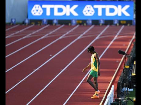 
Tajay Gayle cuts a dejected figure after fouling out of the World Athletics Championships long jump event at the Hayward Field in Eugene, Oregon.