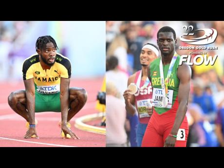 Credit: Gladstone Taylor Photos Christopher Taylor (left) looks a spent force after finishing seventh in the 400 metres on day eight of the World Athletics Championships at Hayward Field in Eugene, Oregon. At right: Gold medallist, the United States' Michael Normal (left) and silver meda