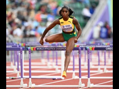 Jamaica’s Britany Anderson competes in heat one of the women’s 100m hurdles on day nine of the World Athletics Championships at Hayward Field in Eugene, Oregon.