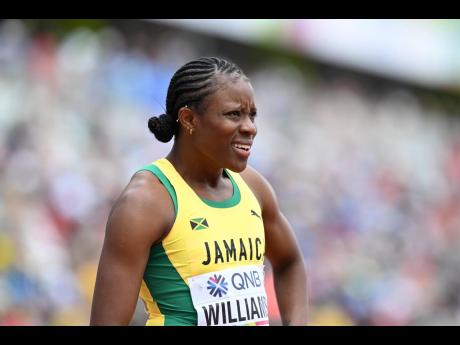 Jamaican sprint hurdler Danielle Williams displays a sheepish grin after recovering from a poor start in her 100-metre hurdles heat on day nine of the World Athletics Championships at Hayward Field in Eugene, Oregon yesterday.